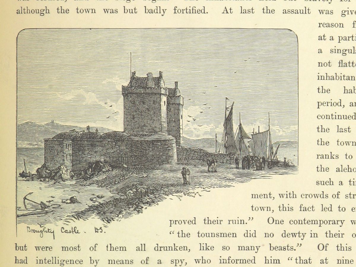 Victorian engraving of Broughty Castle with sailing boats